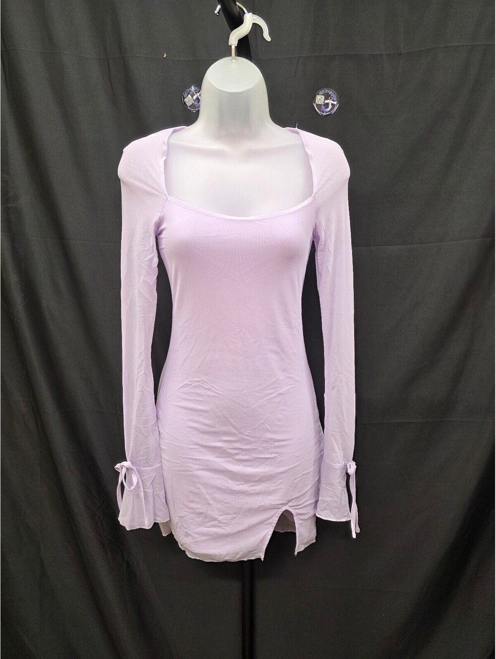 HYPERFIRE MESH SQUARE NECK LONG SLEEVE MINI COCKTAIL DRESS PURPLE XS